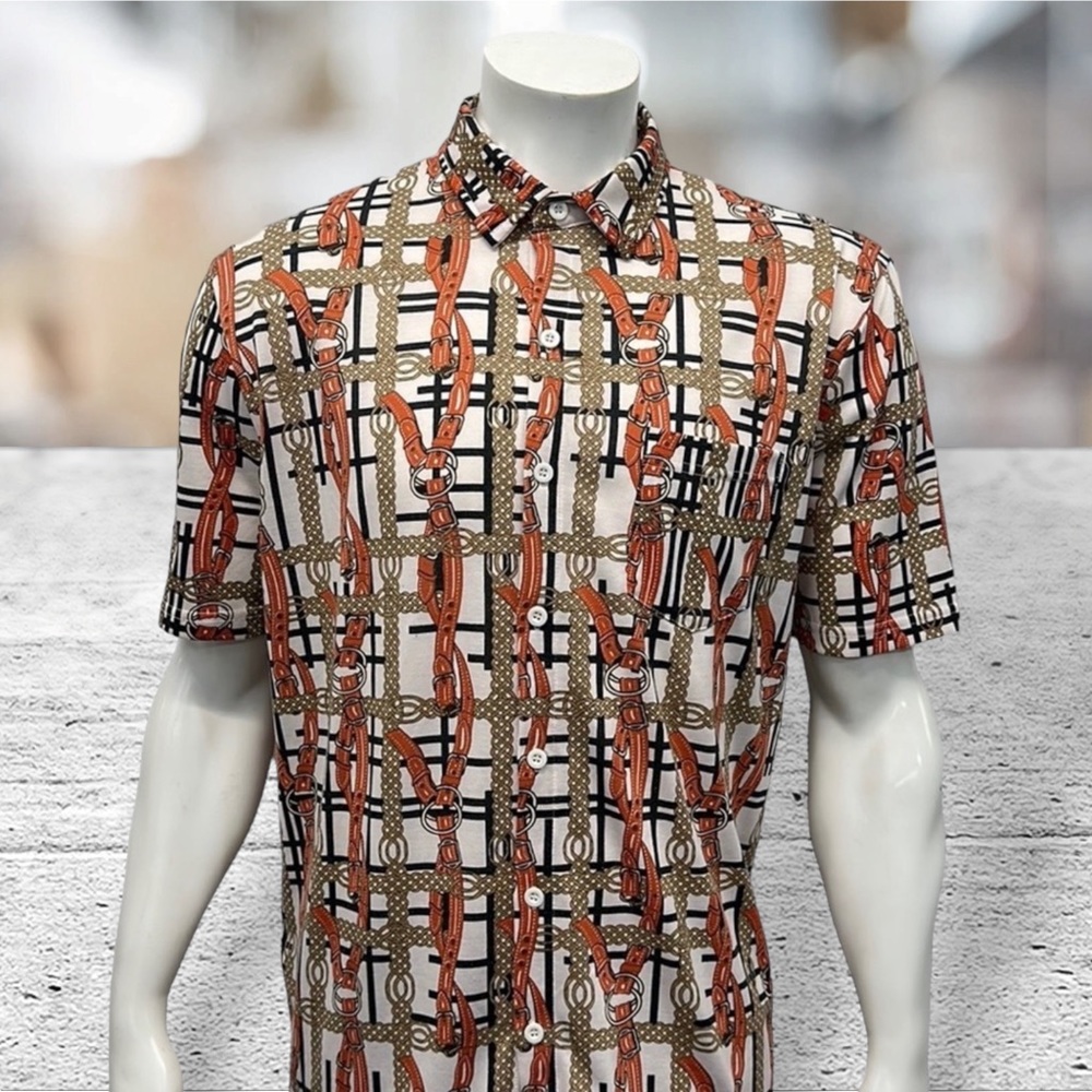 Venezzi White Orange Brown Belt Patterned Design Vintage Retro Disco Shirt XL